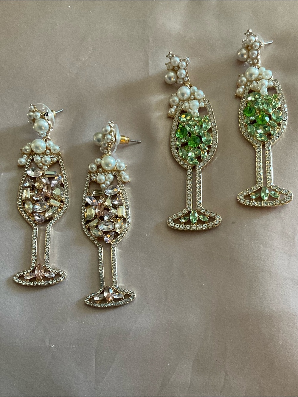 Crystal & Pearl Wine Glass Drop Earrings in Green and Champagne price per pair.